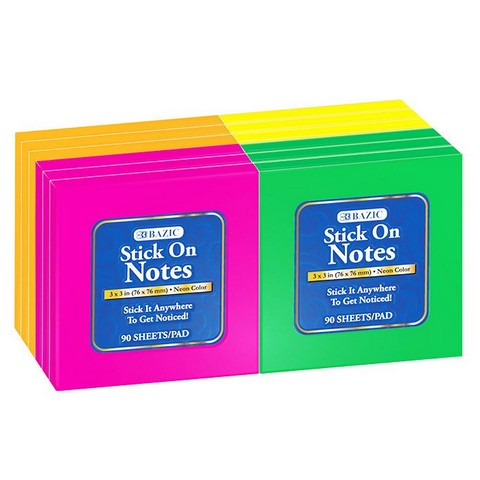 Bazic 5162    90 Ct. 3" X 3" Neon Stick On Notes (12/Shrink)