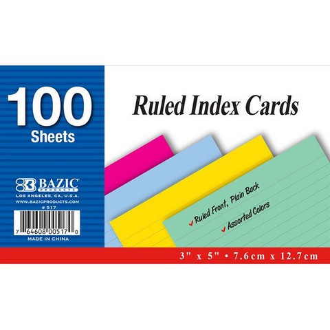 Bazic   100 Ct. 3" X 5" Ruled Colored Index Card  Case OF 36