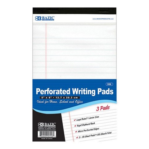 Bazic 50 Ct. 5" X 8" White Jr. Perforated Writing Pad (3/Pack) Case of 24