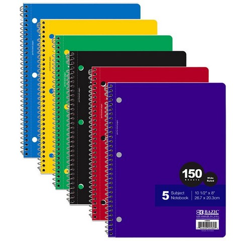 DDI 313148 BAZIC 5 Subject Wide Ruled Spiral Notebook - 24 Count  150 Sheets  Assorted Cover Colors Case of 24 -  Bazic Products, BA36569