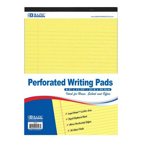 Bazic    50 Ct. 8.5" X 11.75" Canary Perforated Writing Pad Case of 48 -  Bazic Products, BA36573