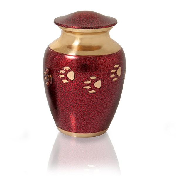 Red Brass Pawprint Pet Urn - 6 in. - Mini Keepsake - Secure Threaded Lid