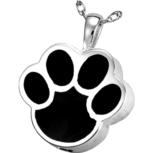 3127s Cremation Jewelry Black Inlay Paw Print Sterling Silver Pendant