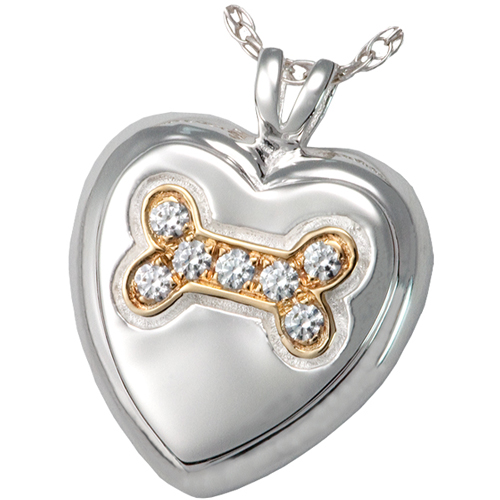 3177sg Pet Cremation Jewelry Dog Bone Heart with Stones Sterling Silver Gold Bone Pendant