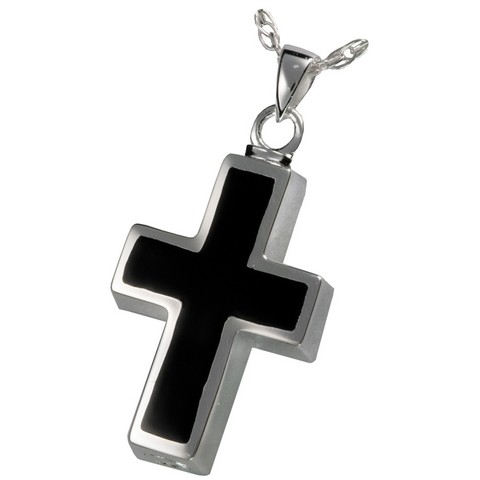 MG-3008s Cremation Jewelry Black Inlay Cross Sterling Silver Pendant
