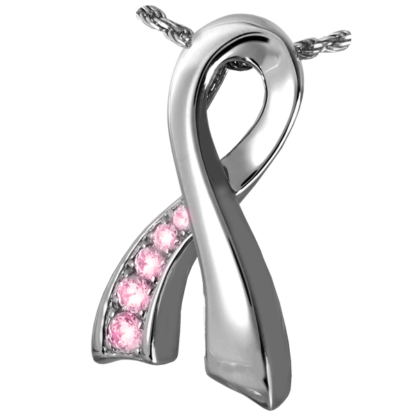 Breast Cancer Ribbon Pendant - Sterling Silver - 18in. Chain - Cubic Zirconia