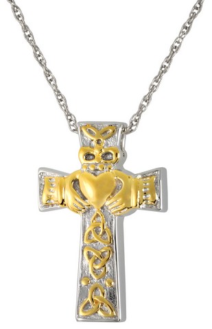 MG-3118 Cremation Jewelry Claddagh Celtic Cross Sterling Silver Two-Tone Pendant