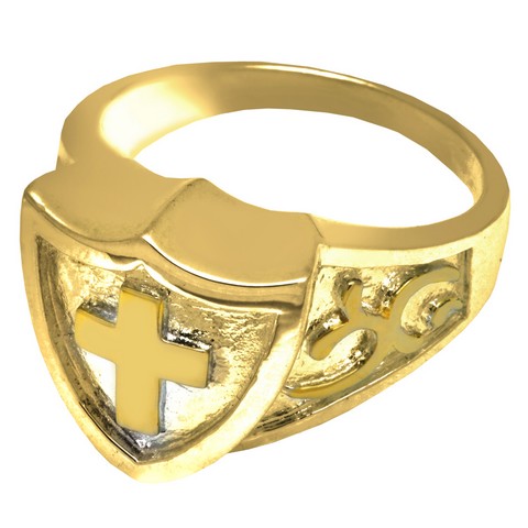 2005GP-8 Cremation Jewelry 14K Gold Plating Cross Shield Ring- Size 8