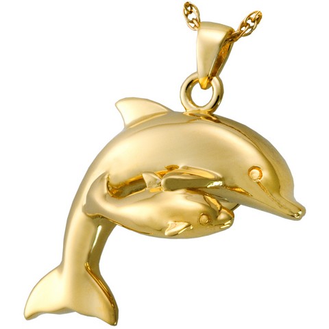 MG-3163gp Cremation Jewelry Dolphin and Baby 14K Gold Plating Pendant