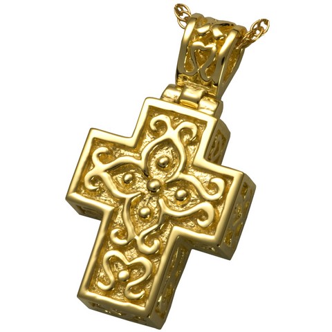 MG-3121gp Cremation Jewelry Filigree Cross 14K Gold PlatingPendant