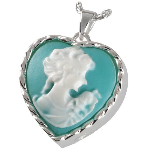 MG-3516ss Cremation Jewelry Heart Cameo Marine Green Sterling Silver Pendant