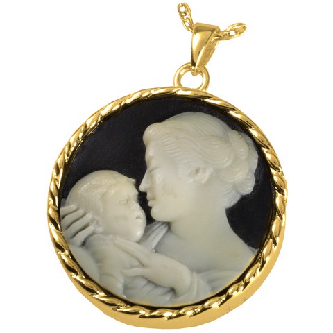 MG-3515GP Cremation Jewelry Mothers Embrace Cameo Black 14K Gold Plating Pendant