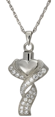 MG-3067s Cremation Jewelry Ribboned Heart Sterling Silver Pendant