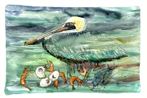 Watery Pelican- Shrimp- Crab & Oysters Fabric Standard Pillowcase