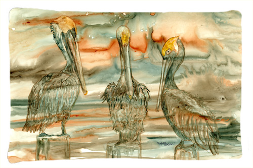 Pelicans on Their Perch Abstract Fabric Standard Pillowcase