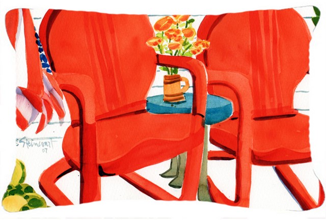 Red Chairs Patio View Fabric Decorative Pillow
