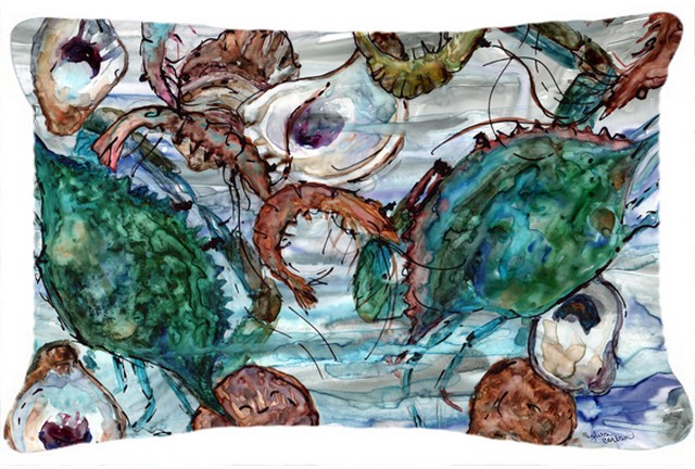 Shrimp- Crabs & Oysters in water Fabric Decorative Pillow