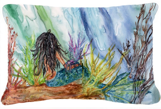 Black Haired Mermaid Water Fantasy Fabric Decorative Pillow