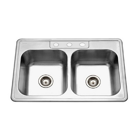 8 in. Deep Glowtone Series Topmount Stainless Steel 3 Hole 50 & 50 Double Bowl Kitchen Sink -  Houzer, HO298184