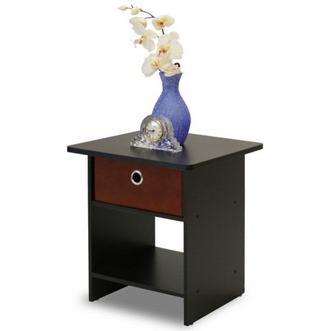 End Table - Night Stand Storage Shelf with Bin Drawer, Espresso & Brown - 17.8 x 15.5 x 15.5 in.