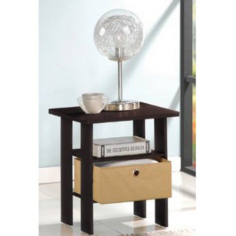 End Table Bedroom Night Stand with Bin Drawer- Espresso & Brown - 17.5 x 15.5 x 15.5 in.