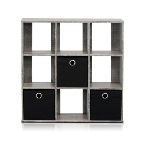 Picture of Furinno Simplistic 9-Cube Organizer with Bins, French Oak Grey & Black - 26.5 x 26.7 x 7.9 in.