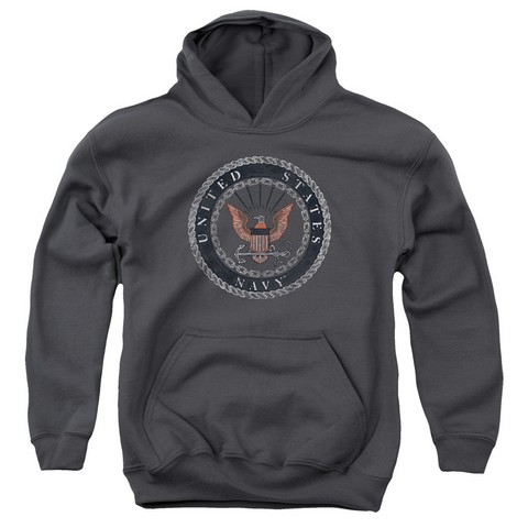 Navy-Rough Emblem Youth Pull-Over Hoodie- Charcoal - Medium