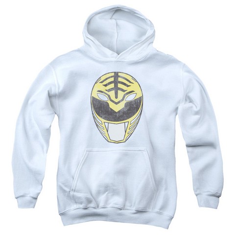 Power Rangers-White Ranger Mask Youth Pull-Over Hoodie- White - Large