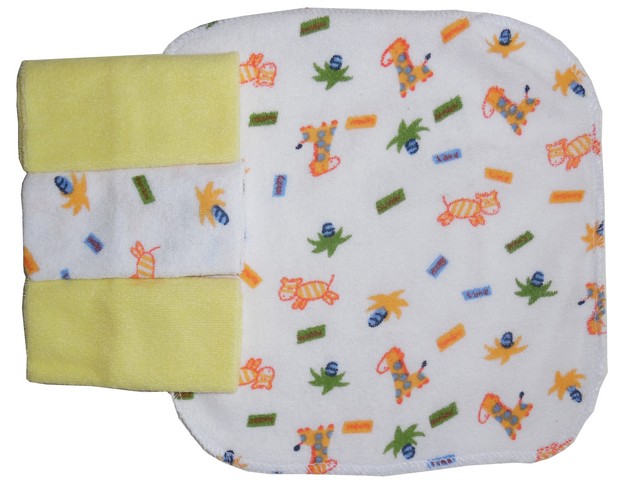 023 Terry Wash Cloth, Yellow with Assorted Prints - Pack of 4