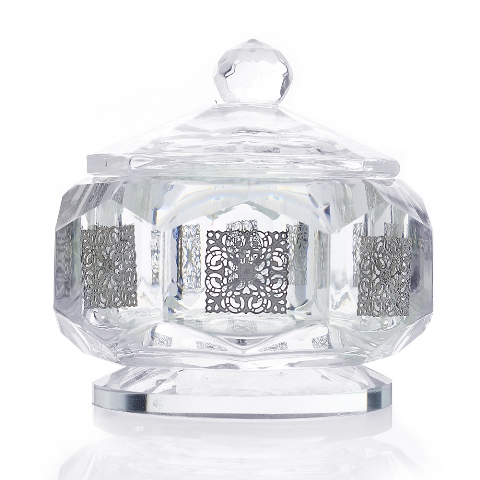 Picture of Shonfeld Crystal 13495-2 Octagon Shaped Crystal Honey Dish with Silver Cube Design  3 x 3 x 3 in.