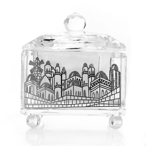 Picture of Shonfeld Crystal 13498-2 Crystal Honey Dish with Silver Jerusalem Design  3 x 3 x 3 in.
