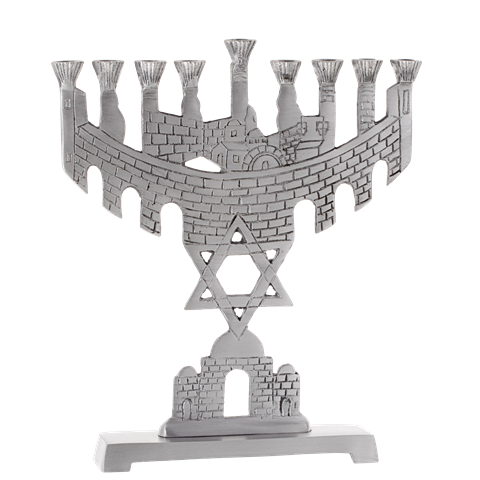 Picture of Nua Collection 59012 Menorah Standing with Jerusalem Aluminum Pewter  9 in.