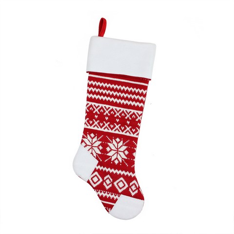 21.5 in. Alpine Chic Knitted Snowflake Christmas Stocking with White Fleece Cuff- Red & White