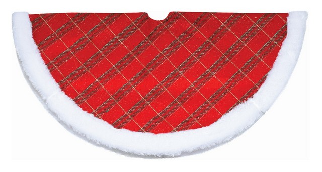 20 in. Glitter Red- Green & Gold Plaid Mini Christmas Tree Skirt with White Faux Synthetic Fur Border