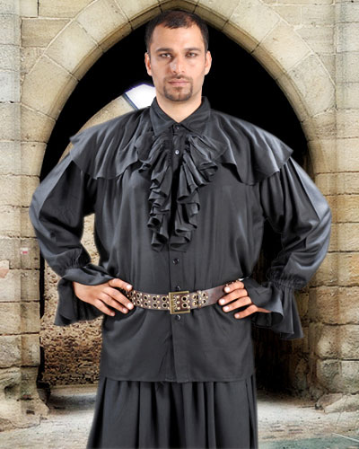 C1091 Half Cape Medieval Shirt- Black - Small & Medium