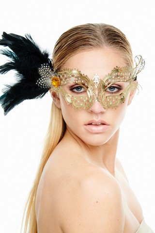 Picture of Kayso FK2002GD Mysterious Elegance Gold Laser Cut Masquerade Mask with Black Feather Arrangement - One Size