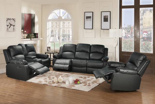 Utica Reclining Sofa Set- Black - 40 x 82 x 37 in.