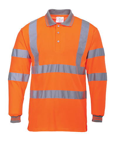 Hi-Vis Polo Shirt L/S, Class 3, Type P, Type R, 100% Polyester, Orange, S