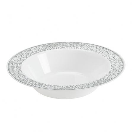 12-10 Count 12 oz Round Lace Plates - White & Silver