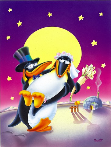 APH0244CHF Just Married Wedding Penguins Flag Canvas House Size