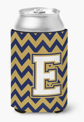 CJ1057-ECC Letter E Chevron Navy Blue & Gold Can or Bottle Hugger