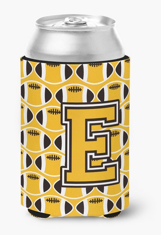 CJ1080-ECC Letter E Football Black, Old Gold & White Can or Bottle Hugger