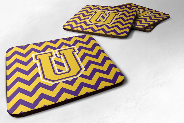 Picture of Carolines Treasures CJ1041-UFC Letter U Chevron Purple & Gold Foam Coaster, 3.5 x 0.25 x 3.5 in. - Set of 4