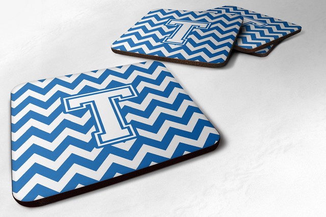 Letter T Chevron Blue & White Foam Coaster - Blue & White - 3.5 x 0.25 x 3.5 in.