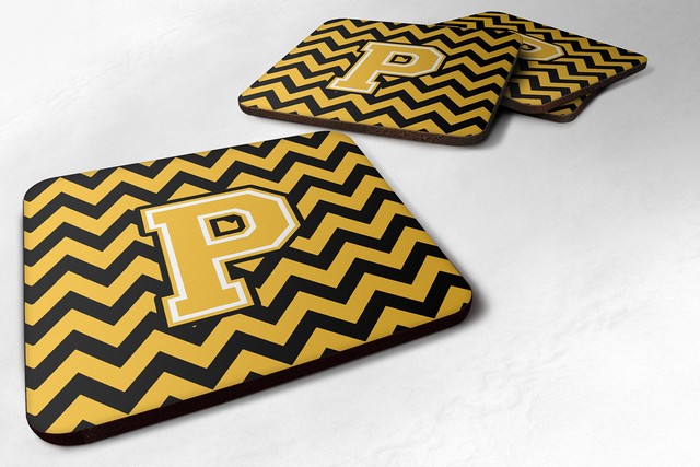 Picture of Carolines Treasures CJ1053-PFC Letter P Chevron Black & Gold Foam Coaster, 3.5 x 0.25 x 3.5 in. - Set of 4
