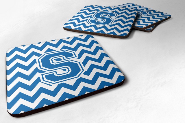 Picture of Carolines Treasures CJ1056-SFC Letter S Chevron Blue & White Foam Coaster, 3.5 x 0.25 x 3.5 in. - Set of 4