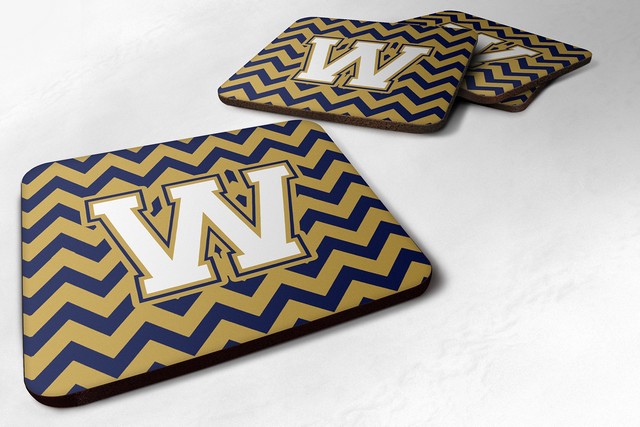 Letter W Chevron Navy Blue & Gold Foam Coaster - Set of 4