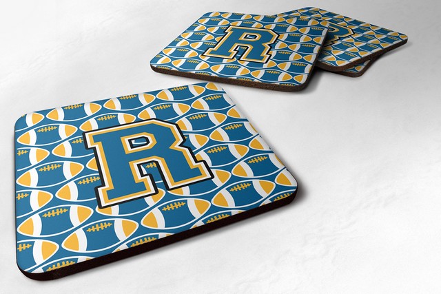 Letter R Football Blue & Gold Foam Coaster - 3.5 x 0.25 x 3.5 in. - Set of 4