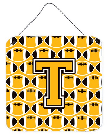 CJ1080-TDS66 Letter T Football Black, Old Gold & White Wall or Door Hanging Prints