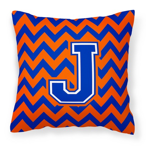 Letter J Chevron Orange & Blue Fabric Decorative Pillow - 14 x 3 x 14 in.